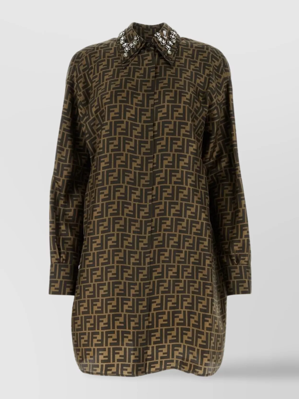 Shop Fendi Backless Shirt Dress With Drawstring Waist And Geometric Pattern In Brown