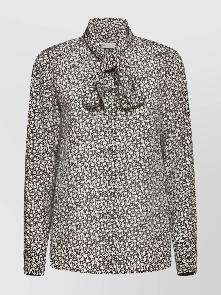 Shop Tory Burch Silk Blouse With Floral Print And Bow In Grey