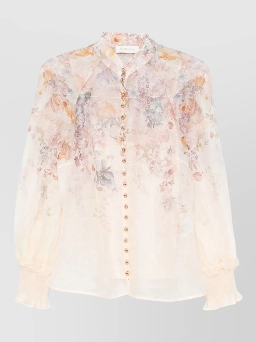 Zimmermann Floral-print sheer high-neck long-sleeve blouse