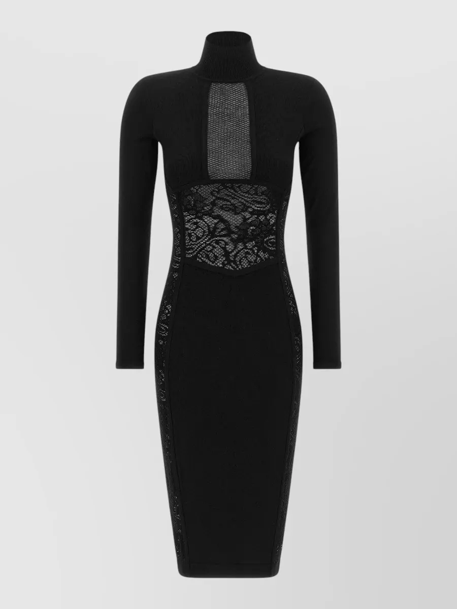Elisabetta Franchi ribbed turtleneck lace-panel midi dress