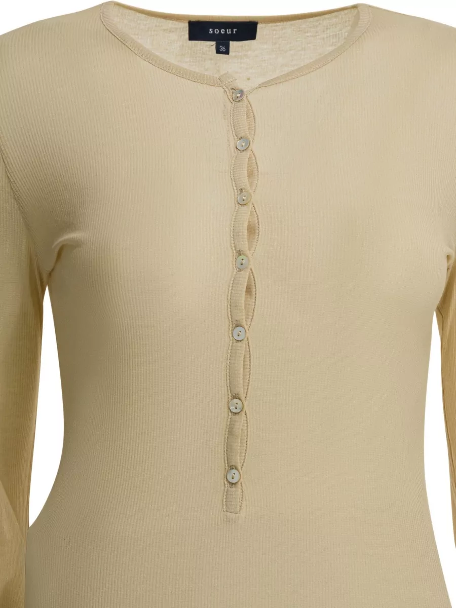 Soeur Long Sleeve Ribbed T Shirt Round Neck Buttons
