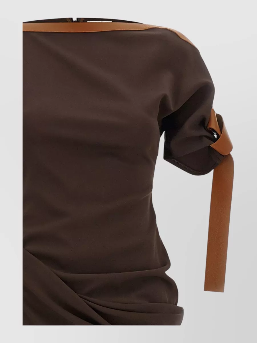 Ferragamo leather trim asymmetric draped boat neck midi dress