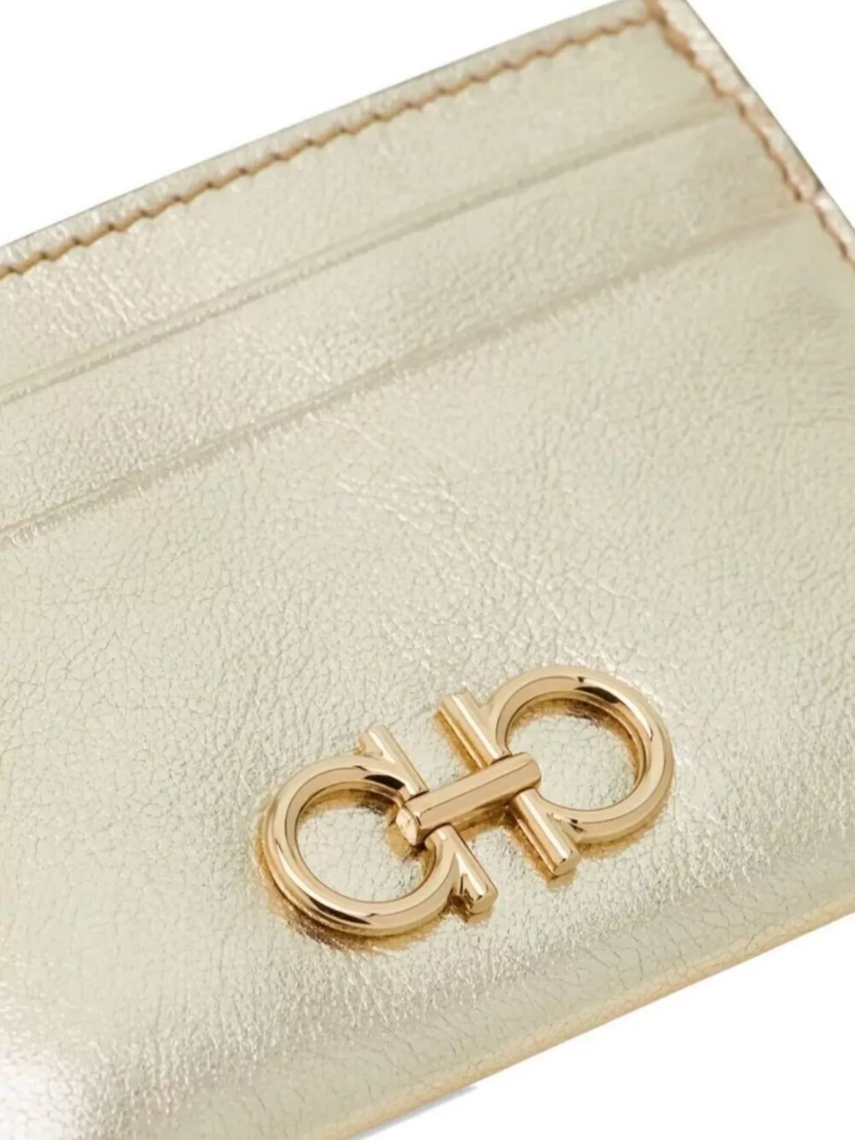 Ferragamo Laminated Leather Card Holder With Gold-tone Hardware In Gold