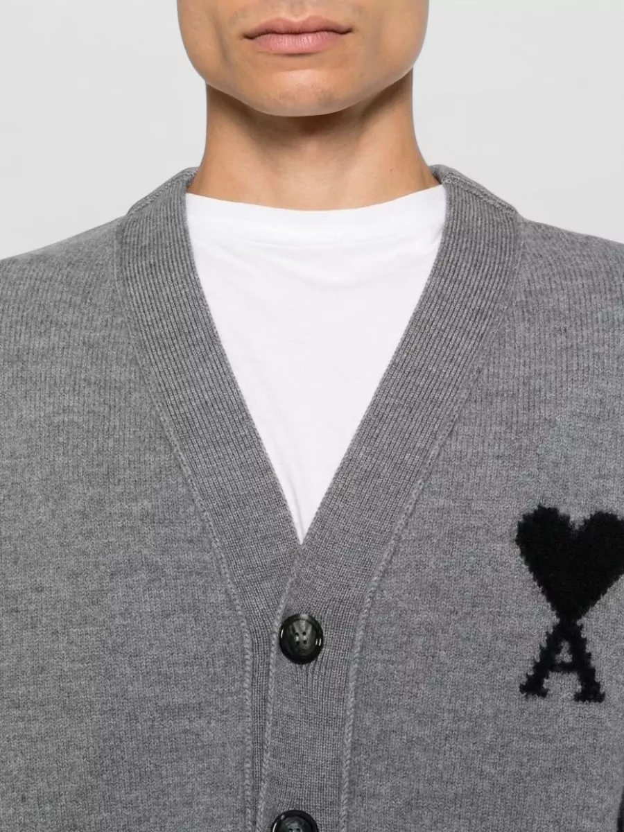 Ami Paris Wool Intarsia-Knit Crew-Neck Long-Sleeve Cardigan