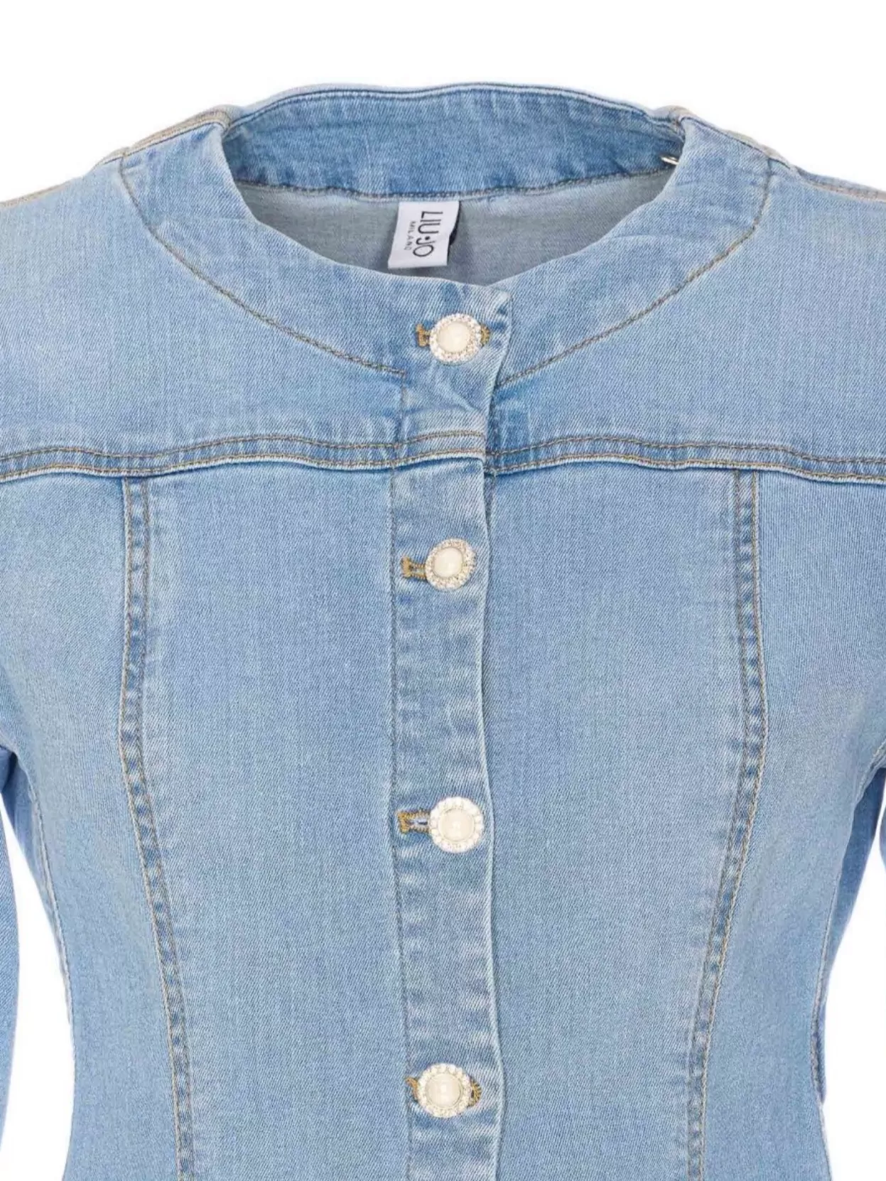 Shop Liu •jo Buttoned Crewneck Denim Jacket With Fitted Silhouette