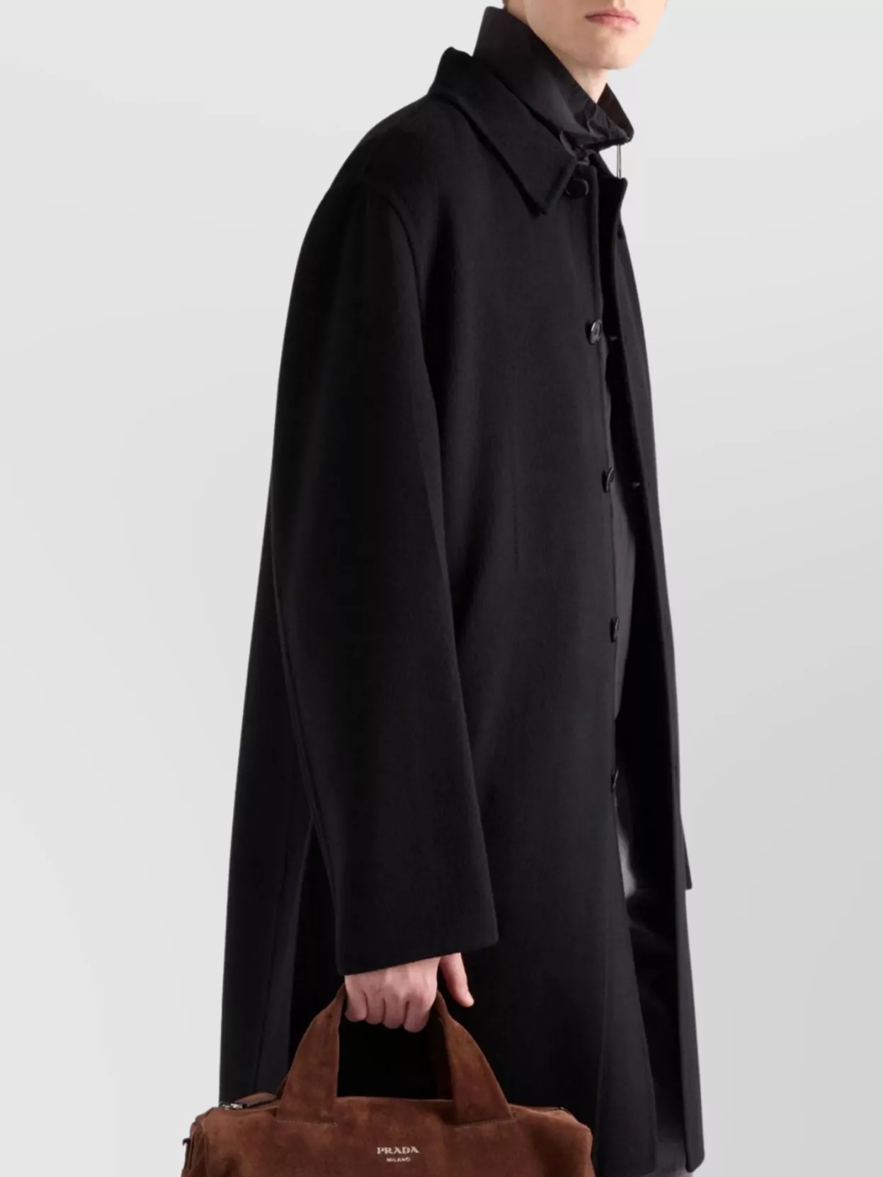 Prada Long Sleeve Single Breasted Coat With Side Pockets And Back Vent In Black