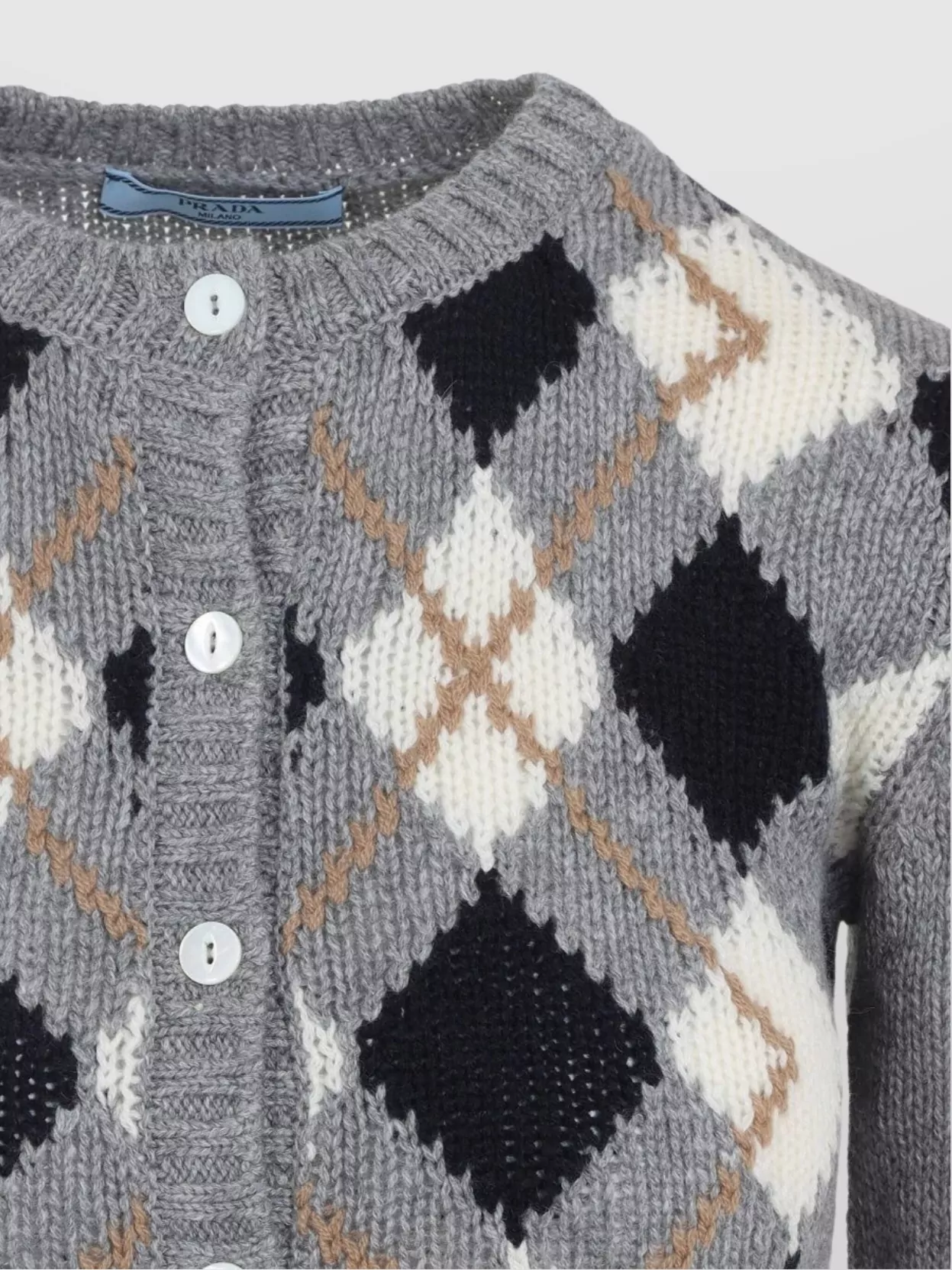 Prada Argyle Pattern Long Sleeve Knit Cardigan In Gray