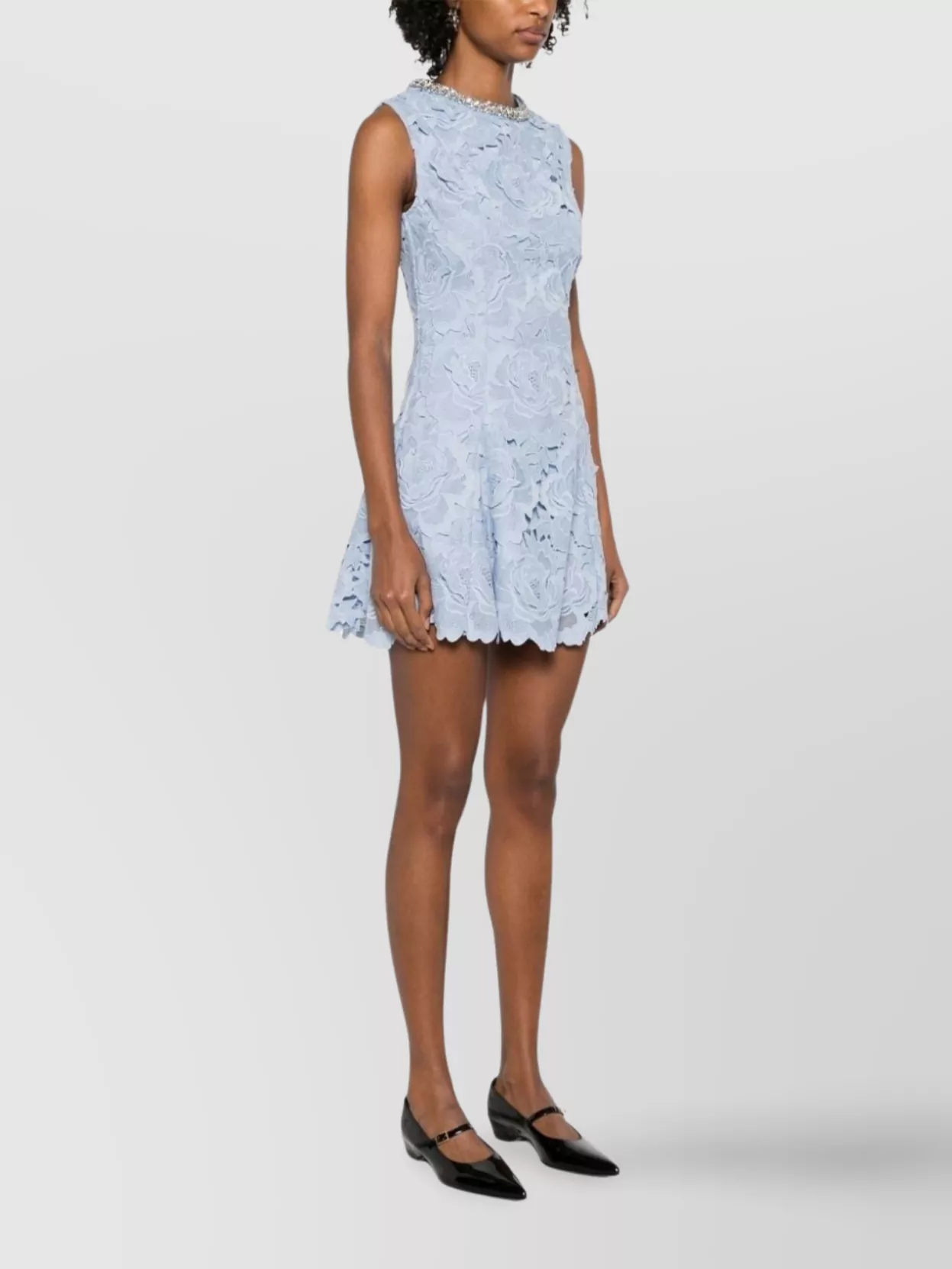 Self-portrait Bue Crewneck Mini Dress With Rhinestoned Collar And All-over Floral Lace Embroidery In Tech Fabric W