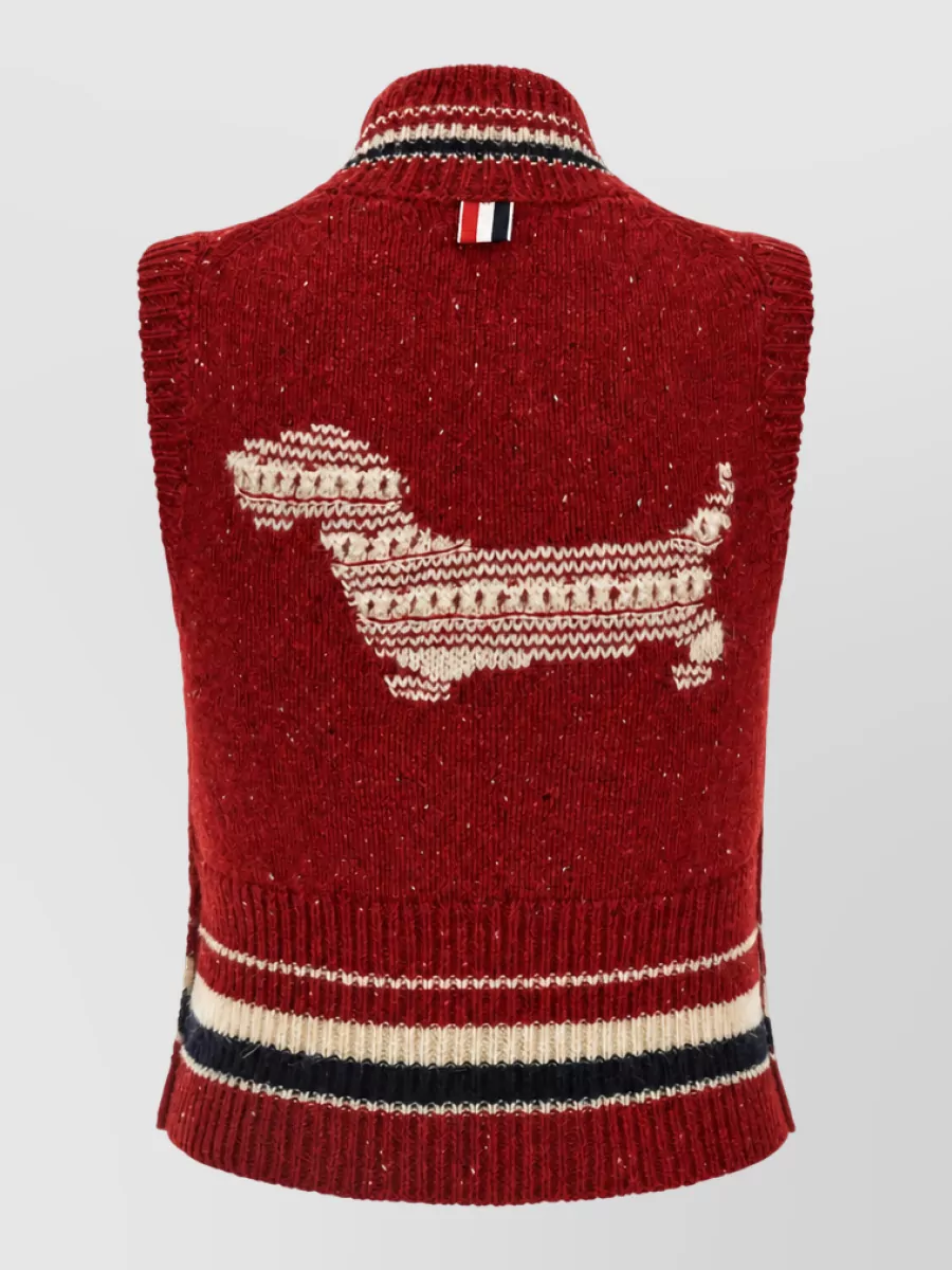 Thom Browne Wool Mohair V-Neck Sleeveless Ribbed Trim Striped Tank Top
