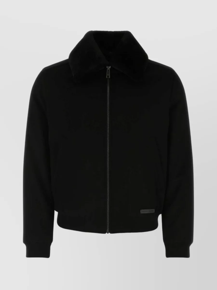 Shop Prada Ribbed Fur Collar Jacket In Black