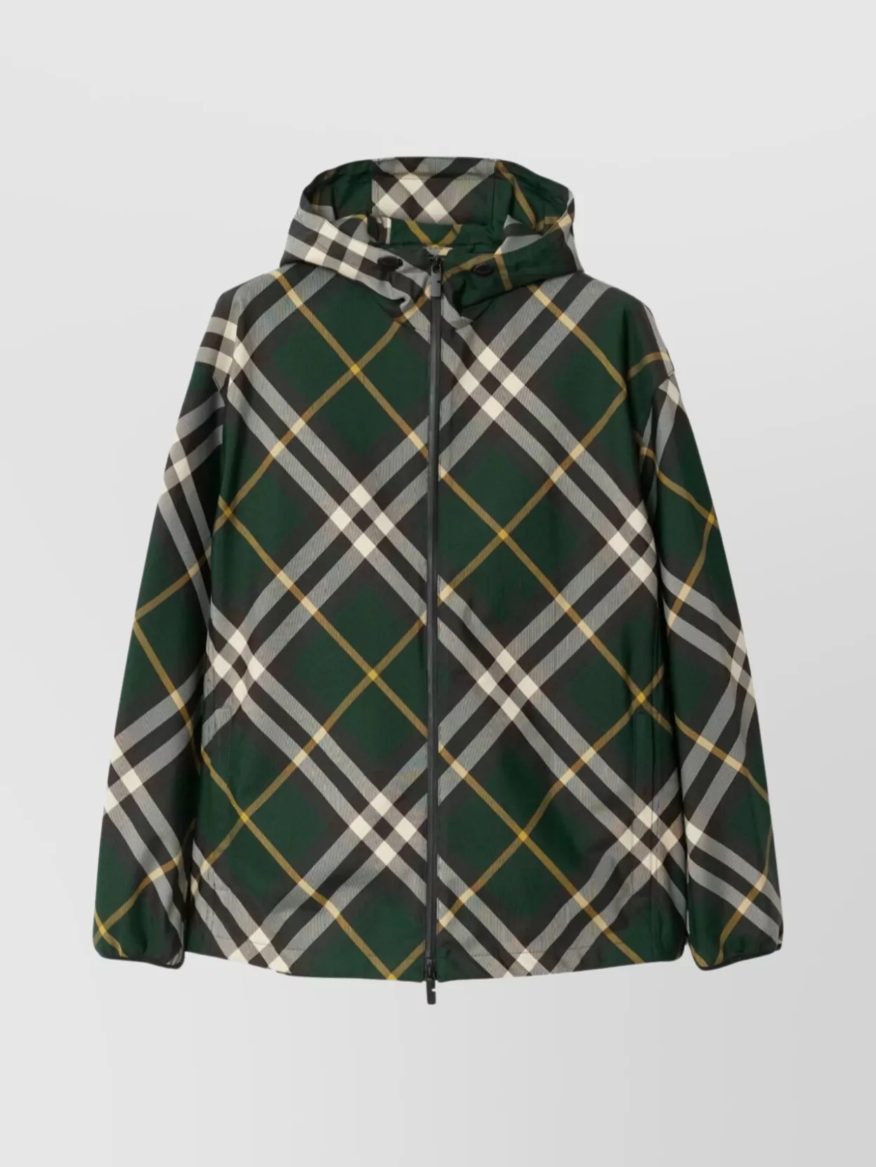 Shop Burberry Plaid Hooded Jacket With Drawcord In Green