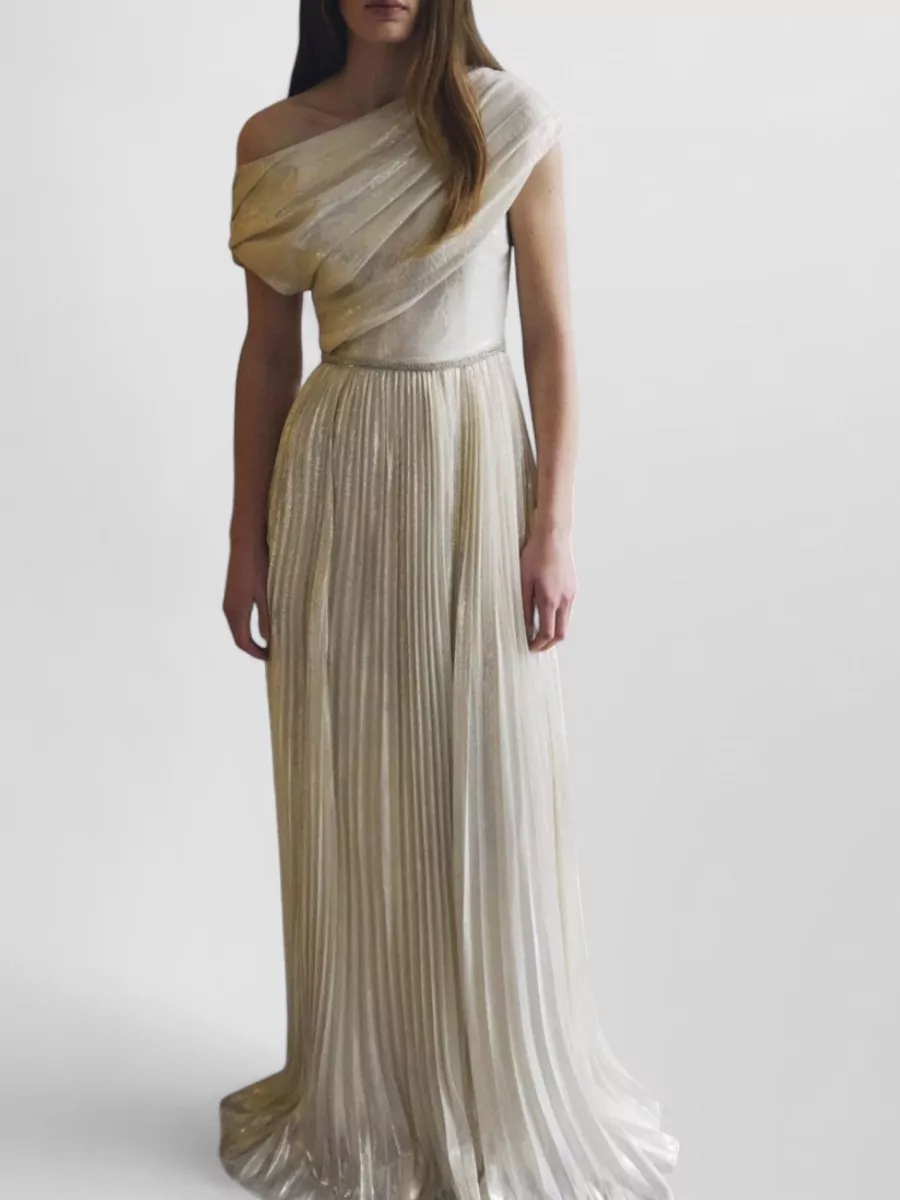 Self-Portrait Silk Metallic Draped Asymmetric One-Shoulder Gown