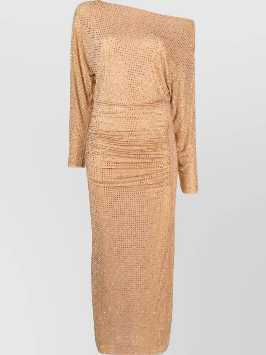 Self-Portrait Rhinestone mesh asymmetric long-sleeve midi dress