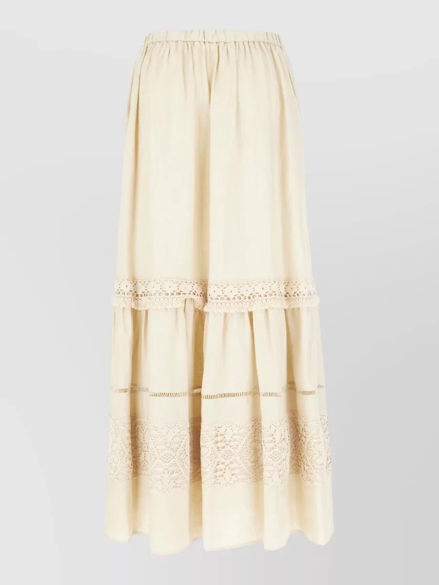Weekend Max Mara Linen Skirt Tiered Design Lace Detail In Neutral