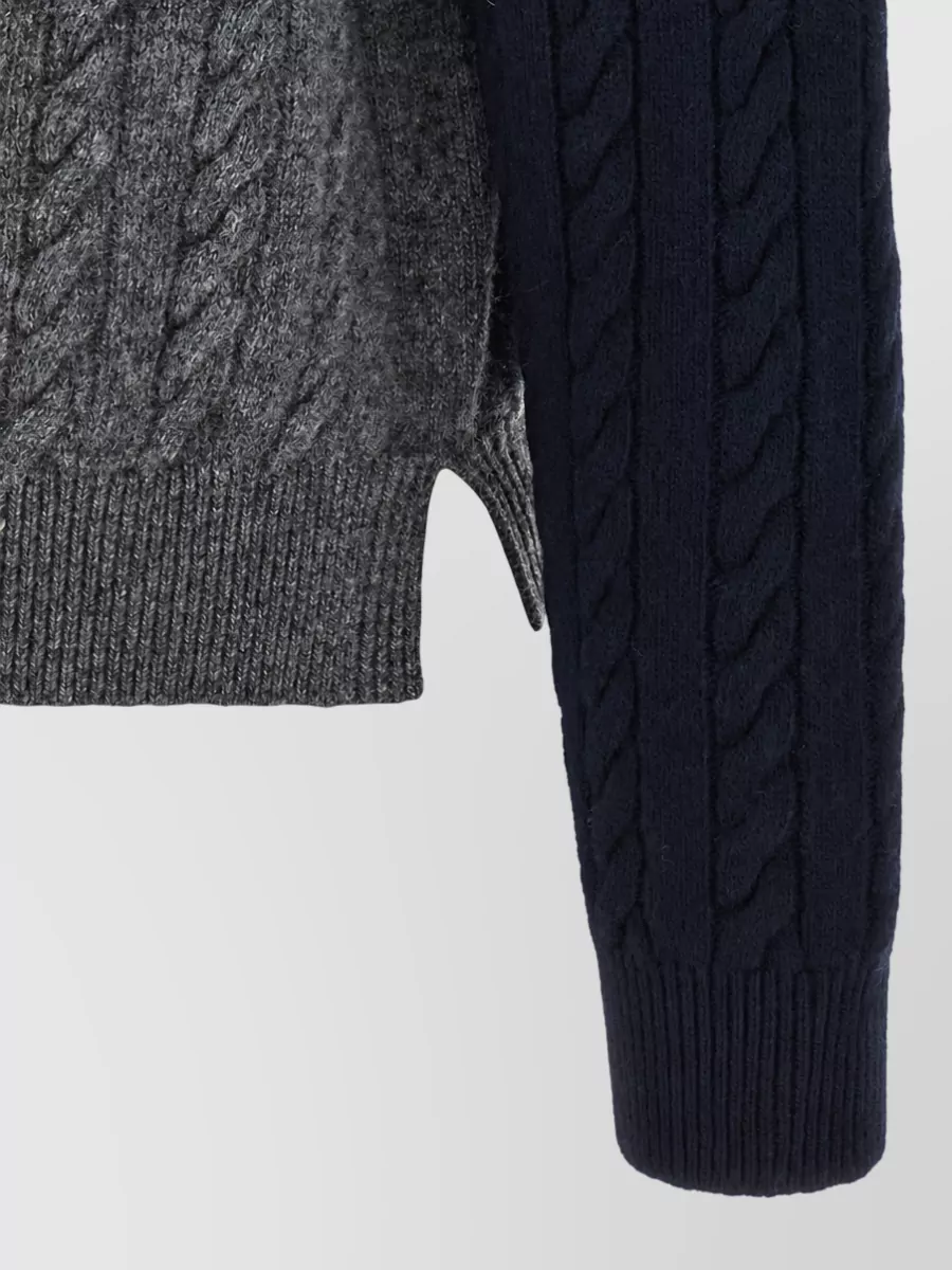 Ferragamo Virgin Wool Color Block Cable-Knit V-Neck Polo Sweater