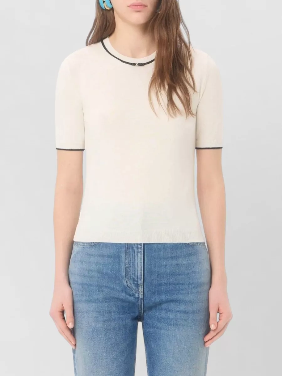 Valentino Wool Bow-Detail Short-Sleeve Sweater