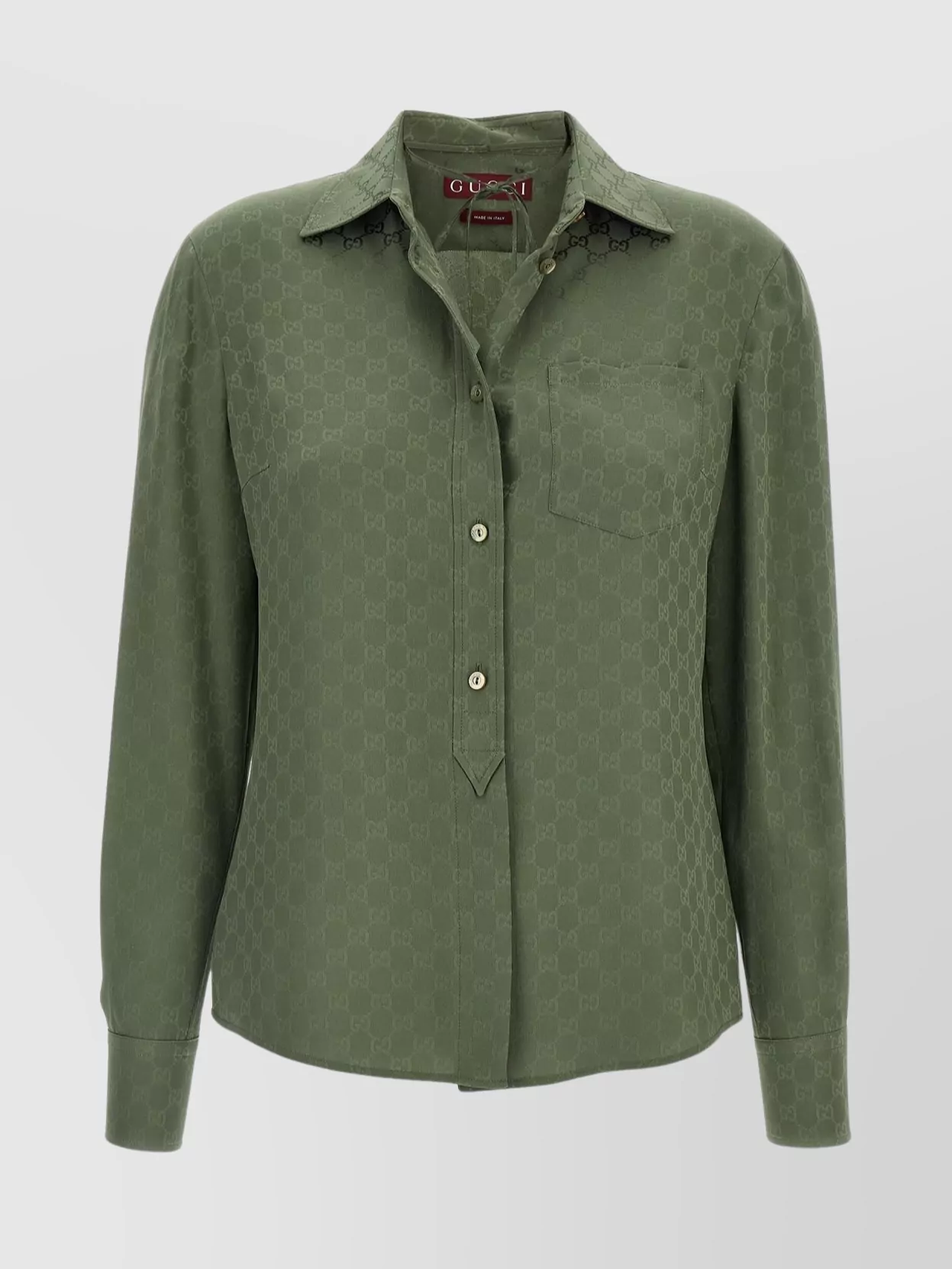 Gucci Monogram Pattern Long Sleeve Silk Top In Green