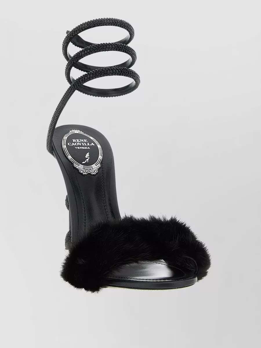 Rene Caovilla leather crystal embellished fur strap sandals