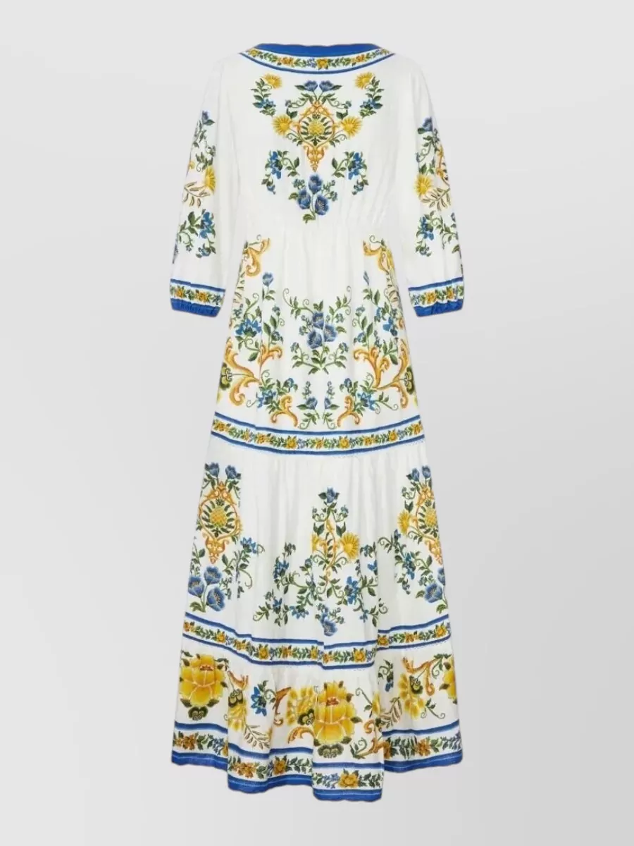 Farm Rio Floral Print V-Neck Drawstring Tiered Midi Dress