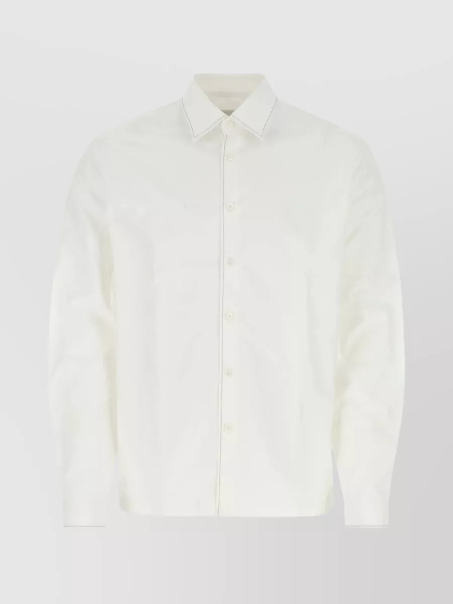 Shop Prada Slits Hemline Loose Fit Long Sleeves Cotton Poplin Buttoned Cuffs Metal Thread Trimmings Rear Yoke P In White