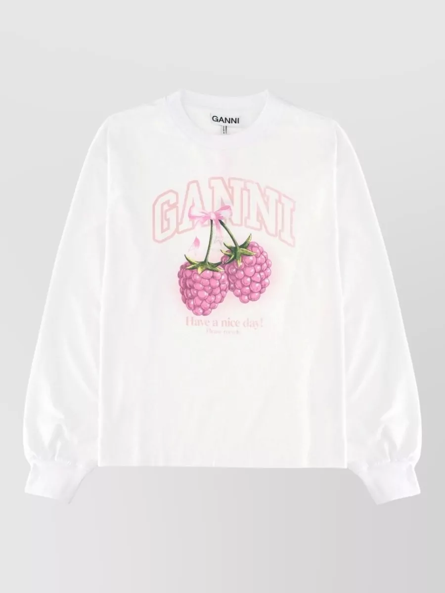 Ganni Oversized long-sleeve raspberry-print t-shirt