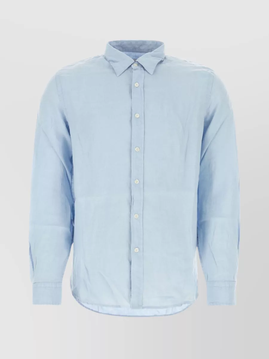 Shop Woolrich Linen Shirt With Angled Cuffs And Rounded Hemline In Blue