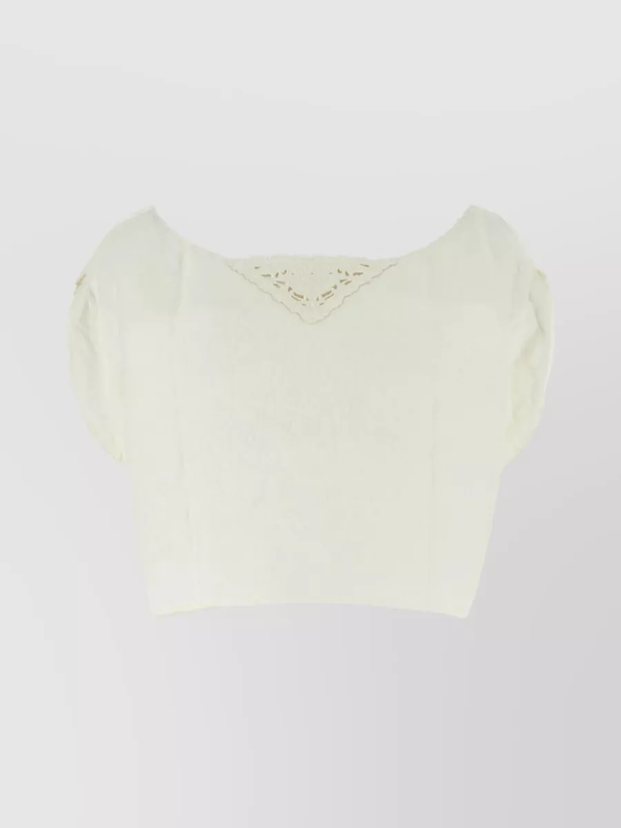 Shop Prada Cropped Linen Top With Puff Sleeves In Cream