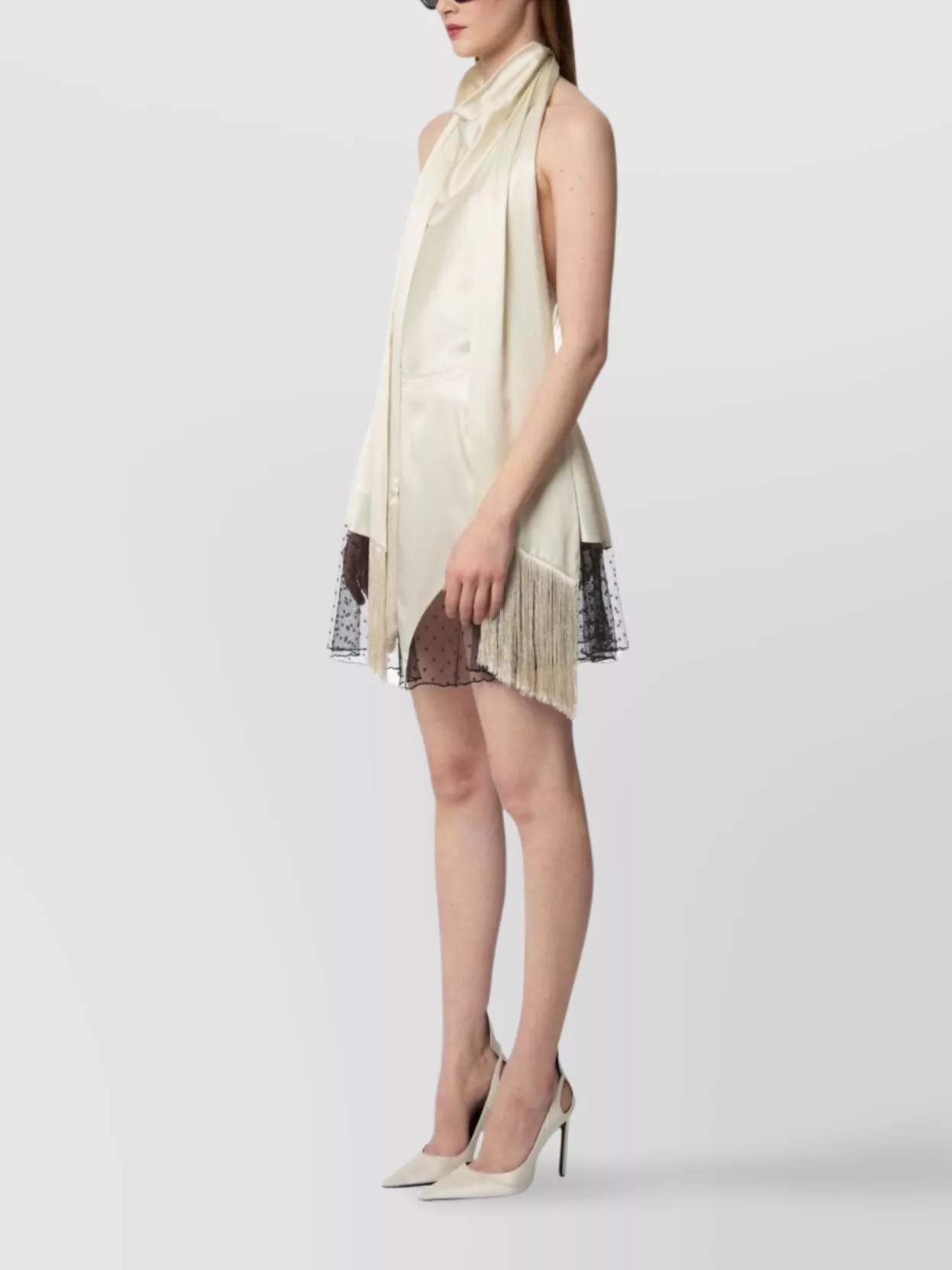 Nina Ricci Sleeves Fringe Halterneck Sheer Scarf Overlay