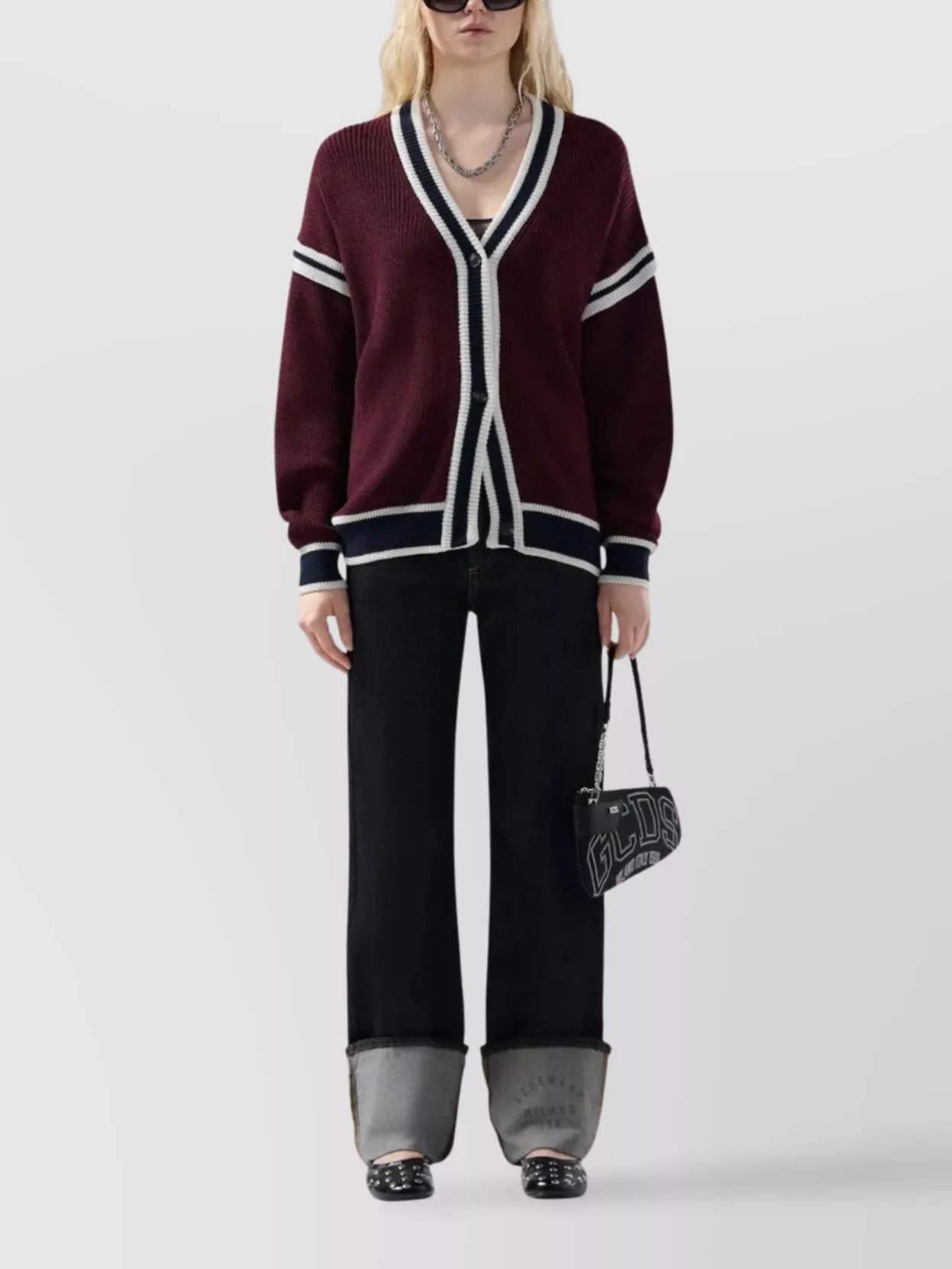 Gcds College Striped Cardigan V-neck In Burgundy