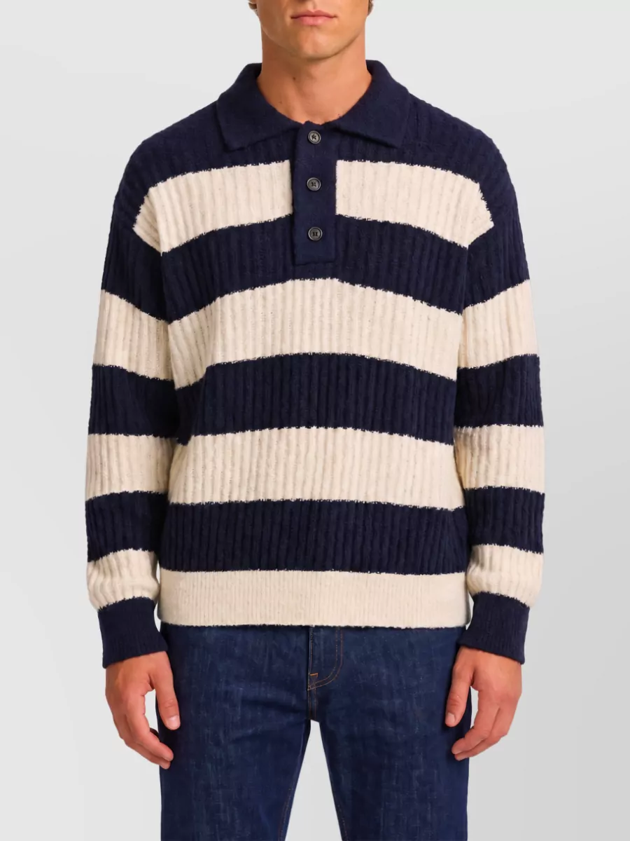 Roberto Collina wool blend ribbed striped long-sleeve polo shirt