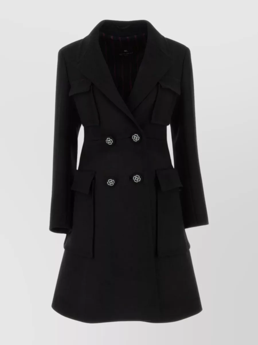 Shop Etro Double-breasted Wool Coat With Floral Buttons In Black