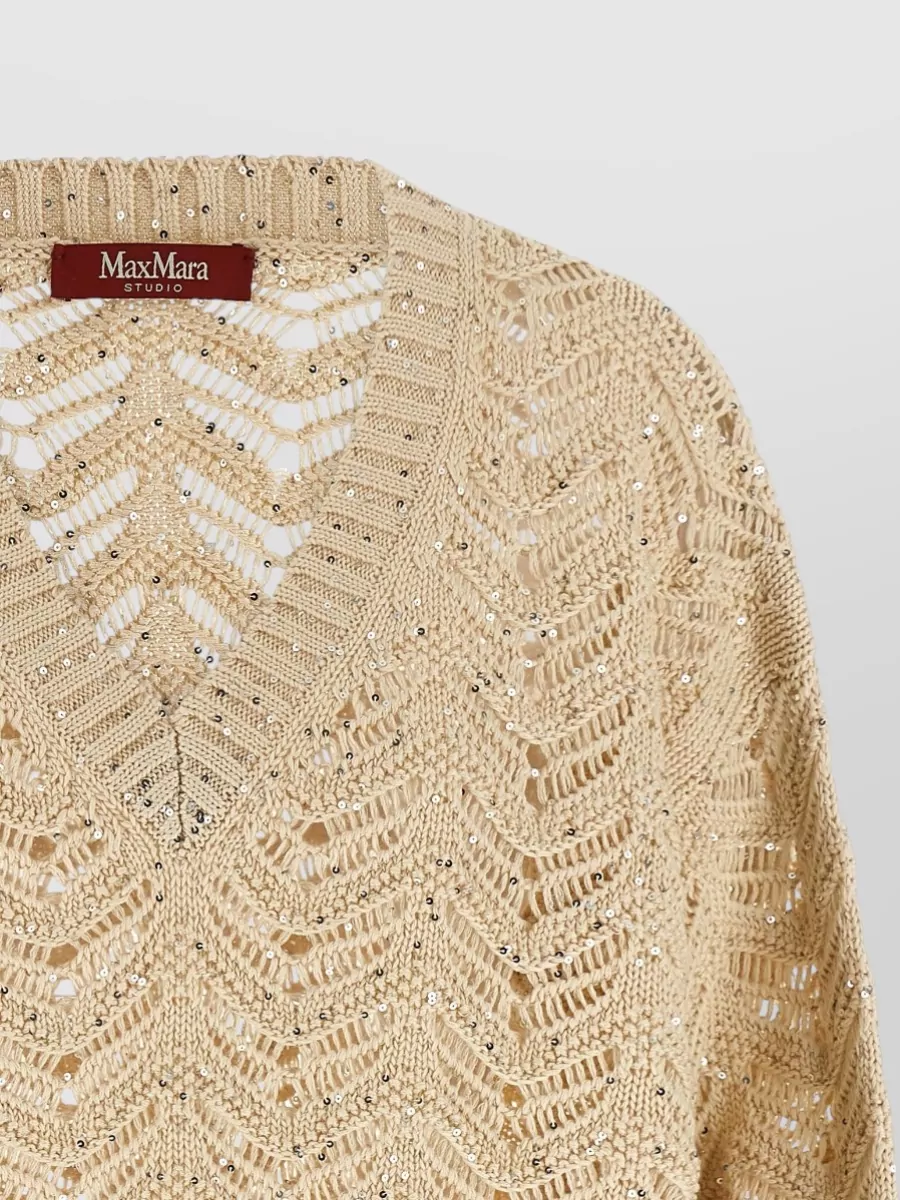 S Max Mara Cotton Chevron-Knit Sequin V-Neck Long-Sleeve Sweater