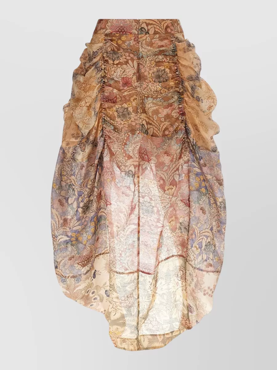 Zimmermann Silk Linen Draped Asymmetric Floral-Print Midi Skirt