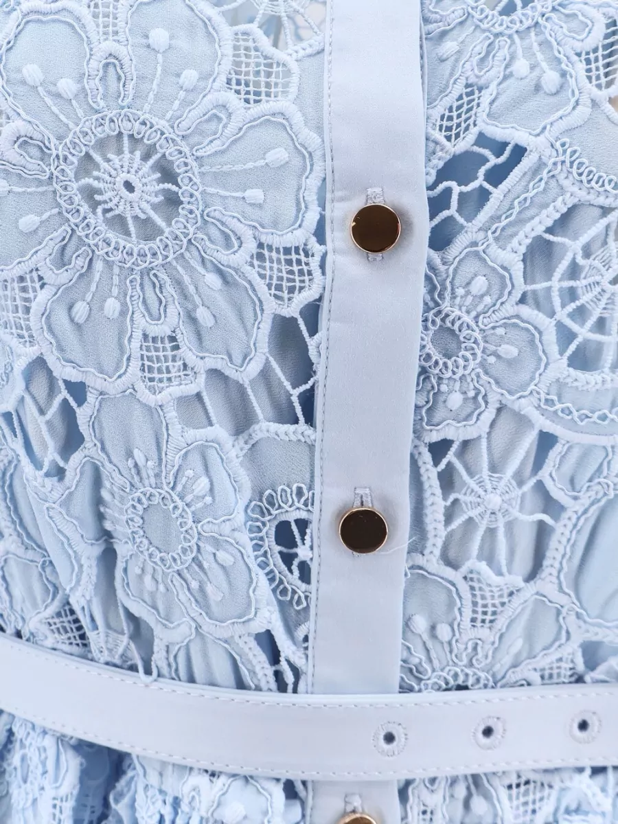 Self-Portrait Lace Belted Short-Sleeve Midi Dress