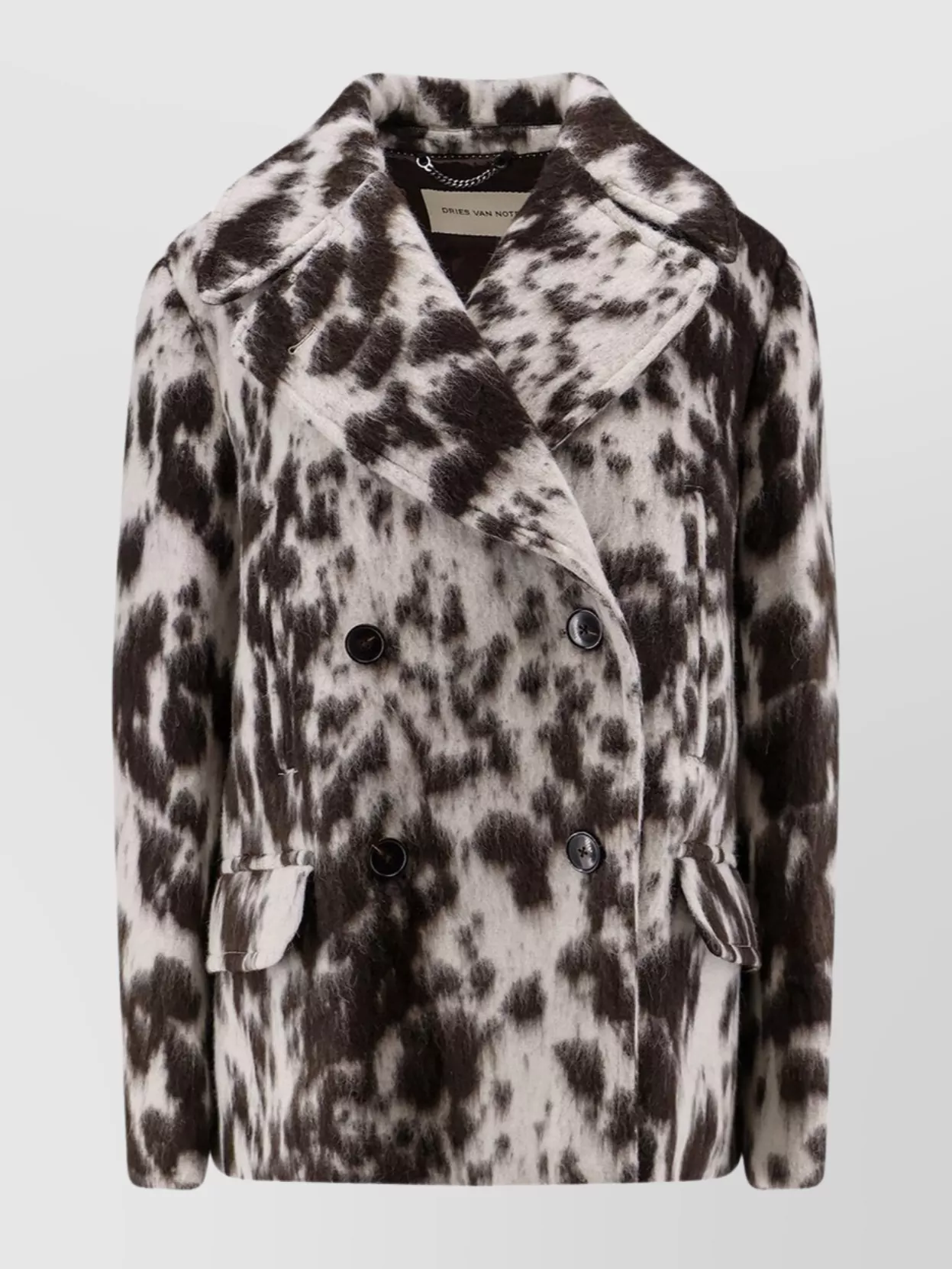 Dries Van Noten Animal Print Double-breasted Wool Alpaca Coat In Gray
