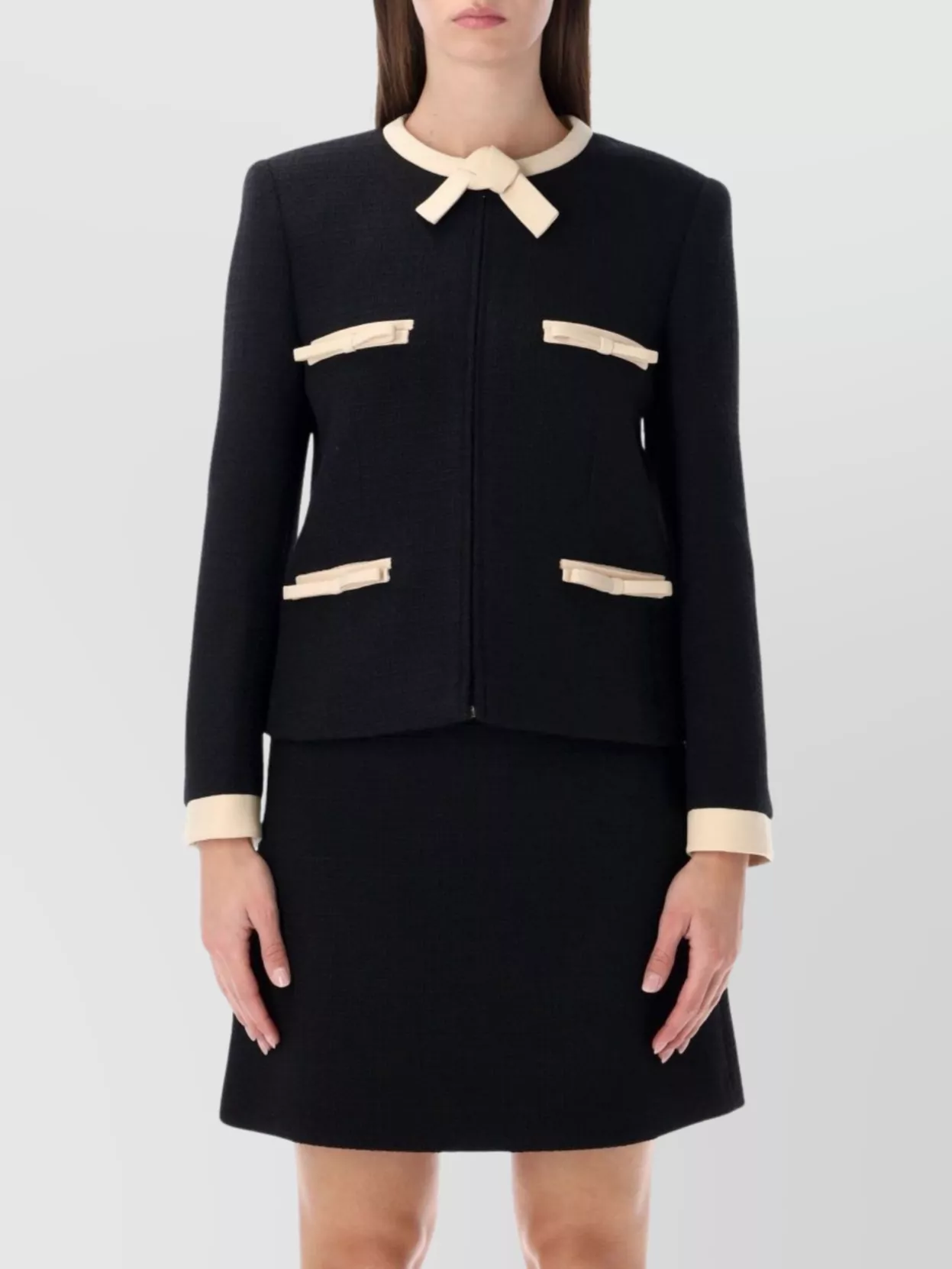 Valentino Garavani Short Wool Tweed Jacket With Bows In Black