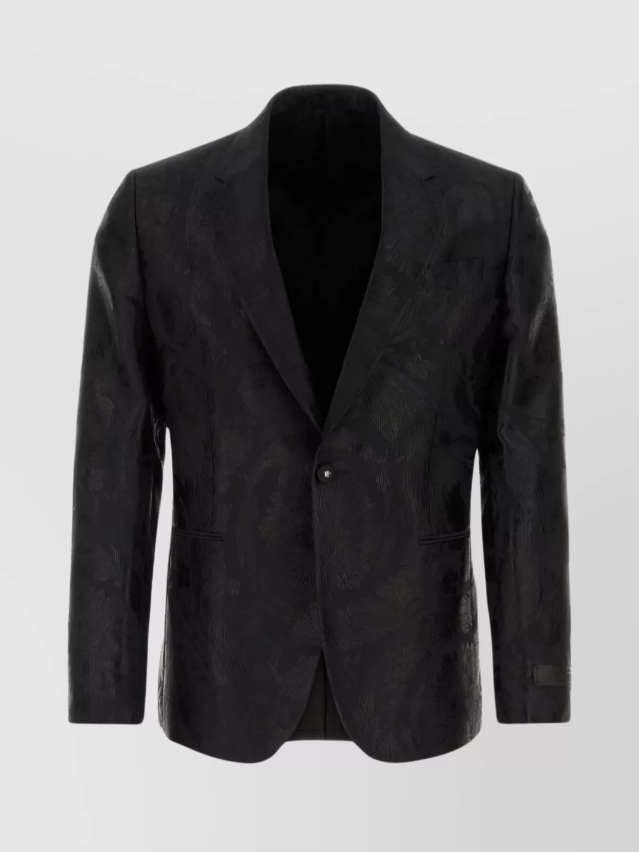 Shop Versace Jacquard Blazer With Back Slit And Notched Lapels In Black