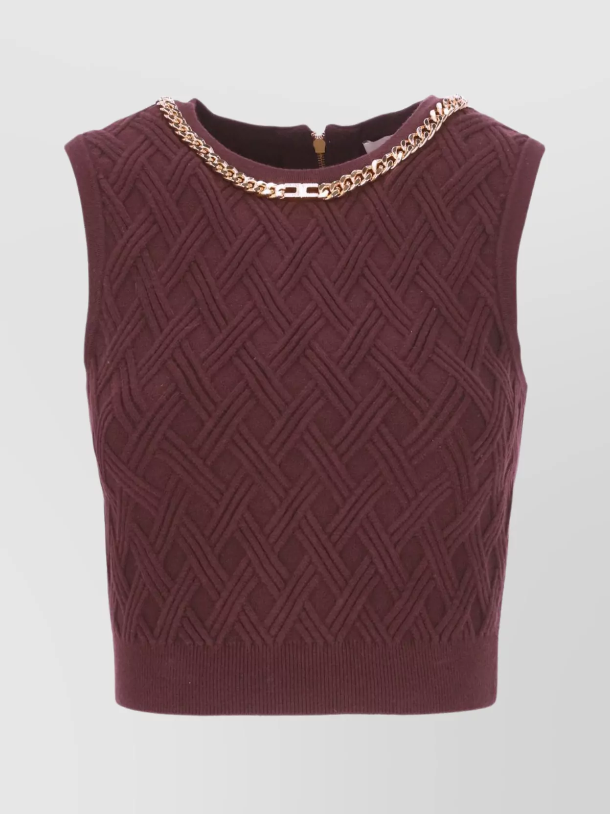 Elisabetta Franchi Cropped Sleeveless Sweater Gold Chain Detail In Burgundy