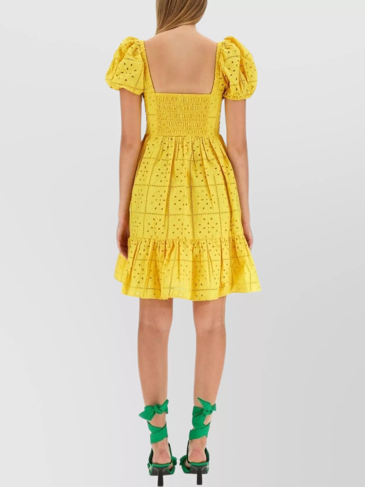 Ganni Square Neck Puff Sleeve Mini Dress In Yellow