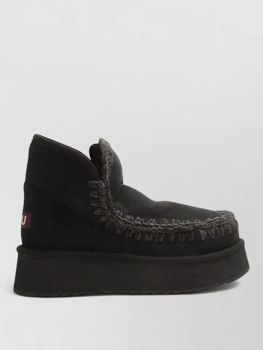 Mou Suede Leather Whipstitch Appliqué Logo Flatform Slippers