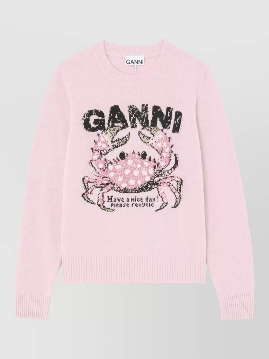 Ganni Wool-blend intarsia-knit crab crew-neck sweater