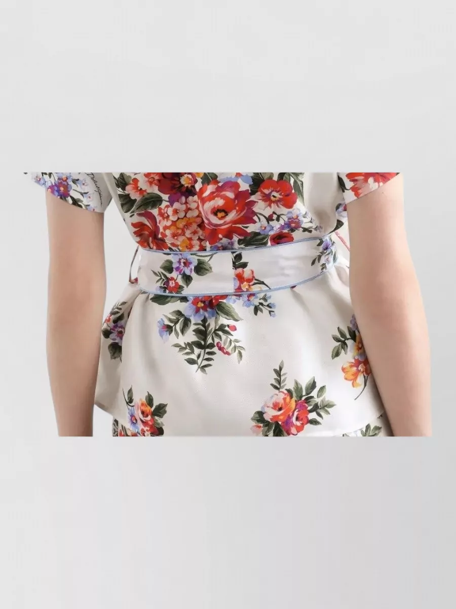 Dolce&Gabbana Silk Floral-Print Short-Sleeve Belted Blouse