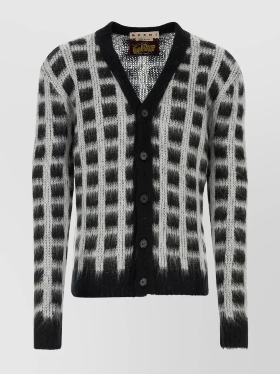 Shop Marni Textured V-neck Ribbed Cardigan With Check Embroidery In Black