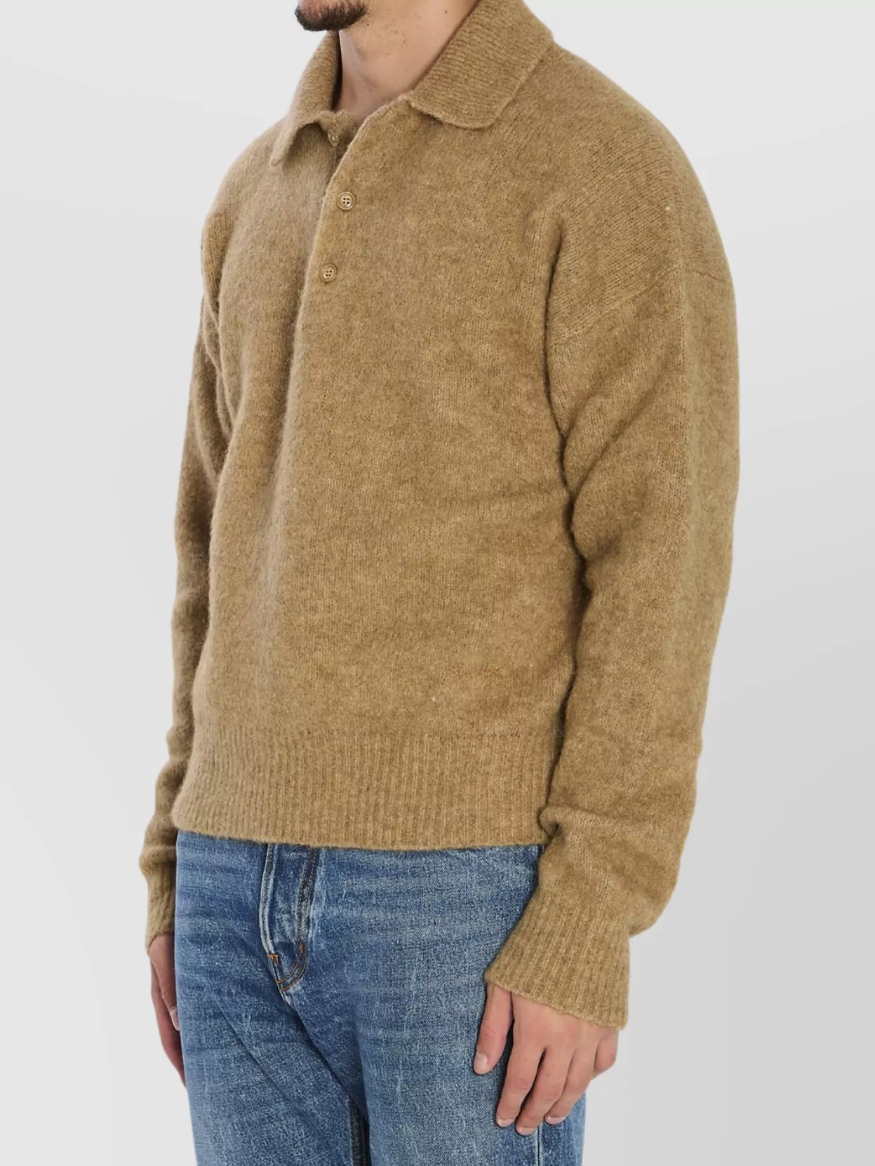 Ami Alexandre Mattiussi Alpaca And Wool Blend Long Sleeve Polo In Nude