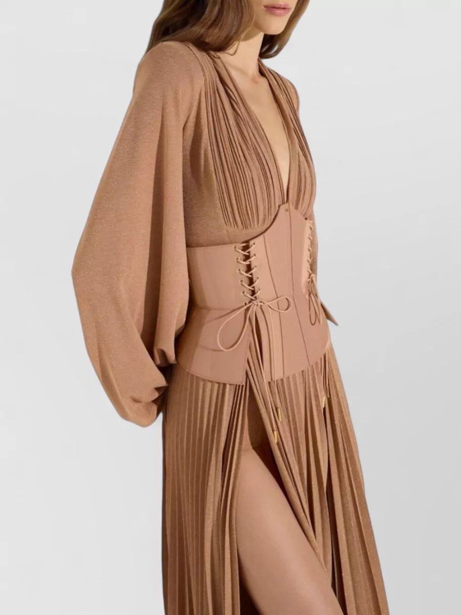 Elisabetta Franchi Lurex Jersey V-Neck Long-Sleeve Pleated Maxi Dress
