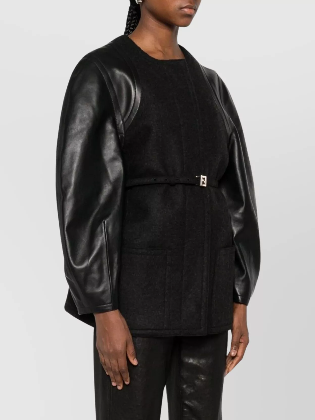 Fendi Midi Coat With Leather Sleeves And Belt In Multi