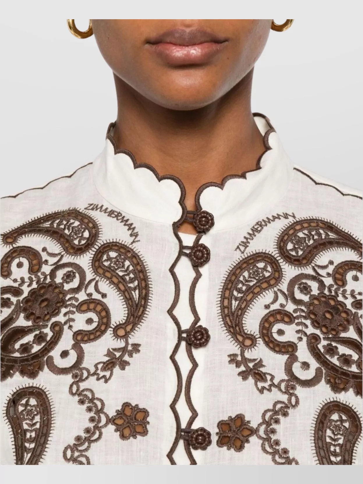 Zimmermann Linen Embroidered Short-Sleeve Mock-Neck Blouse