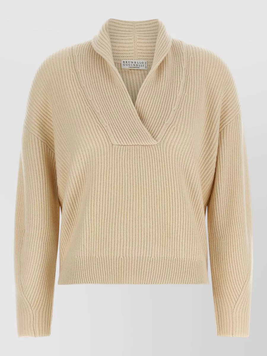 Brunello Cucinelli cashmere ribbed v-neck shawl collar sweater