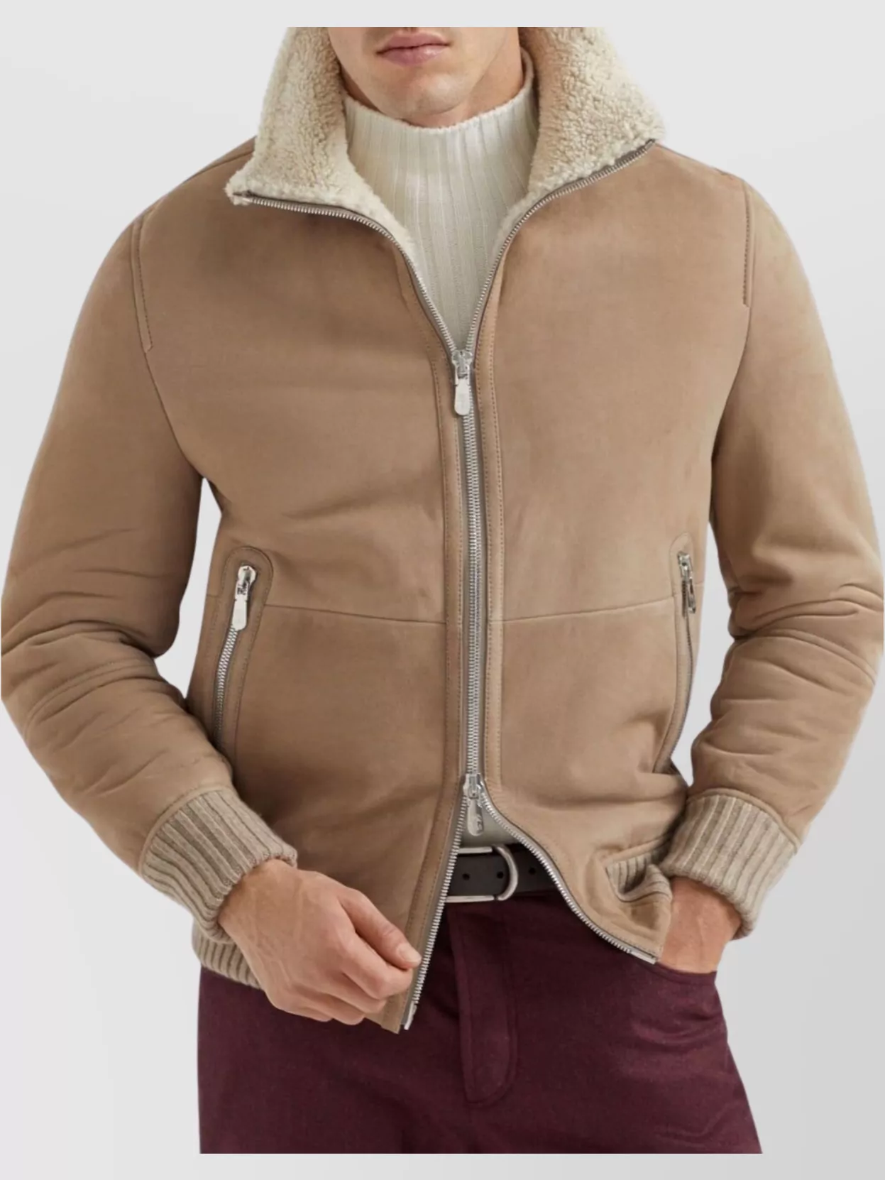 Brunello Cucinelli Bomber Jacket With Shearling Collar And Ribbed Finish