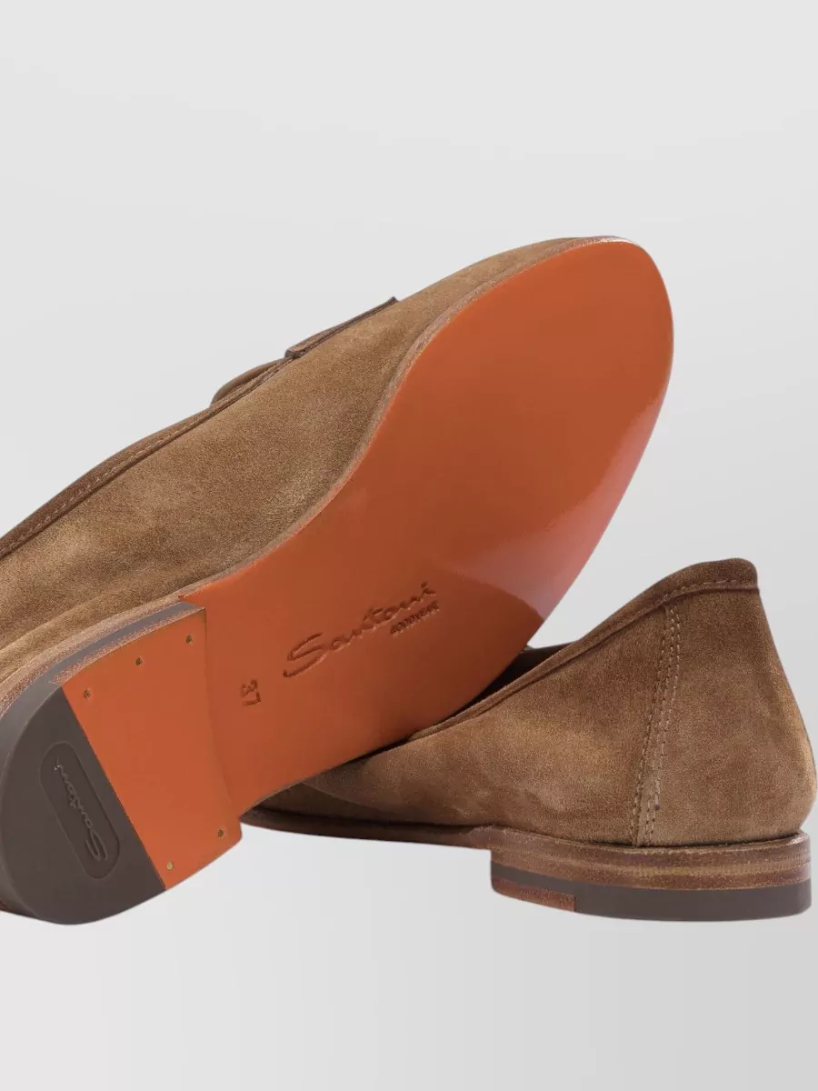 Santoni Suede Penny Strap Loafers Leather Sole
